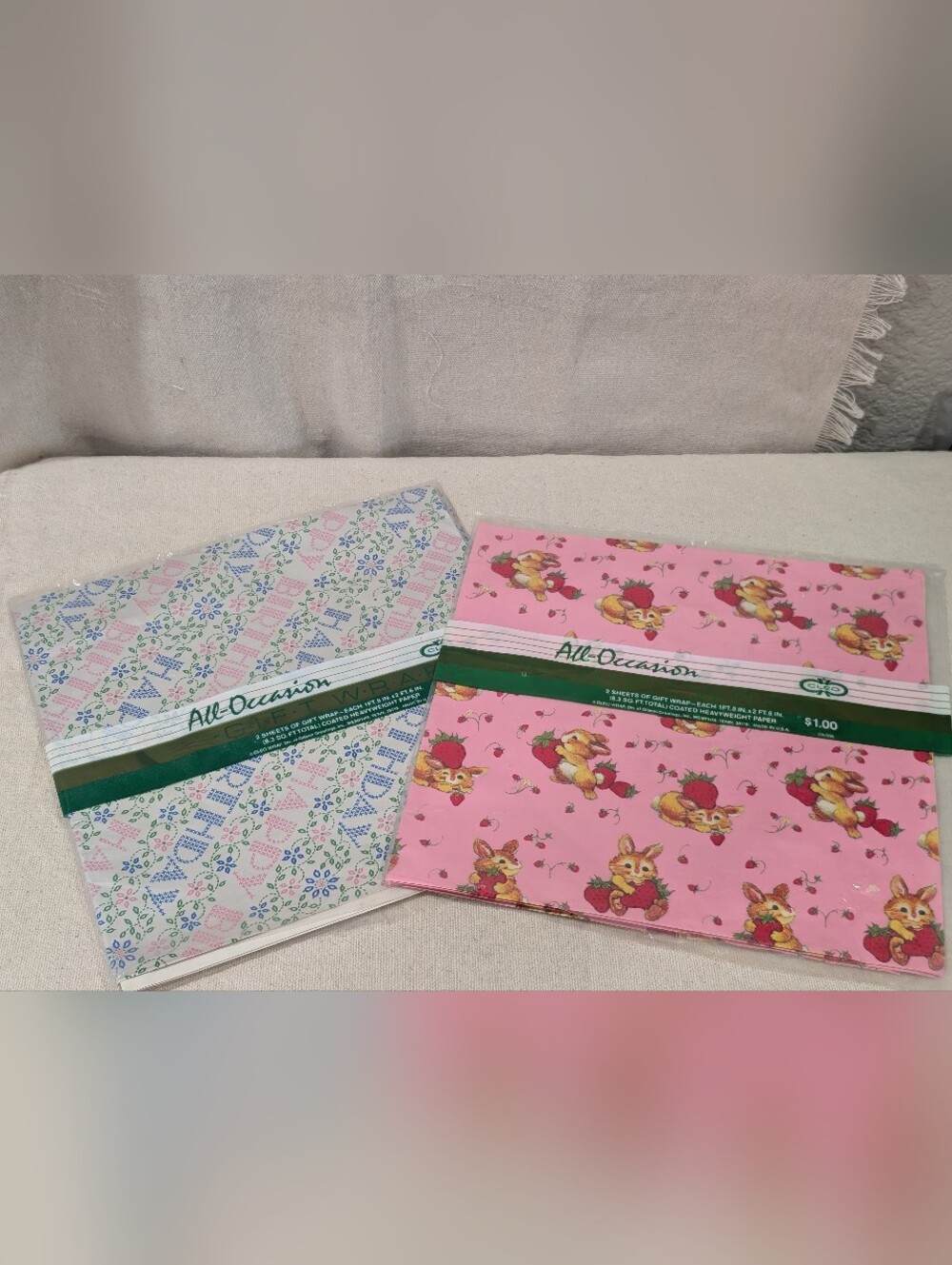 Vintage wrapping paper cross stitch happy bday bunnies strawberries - opened